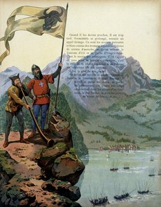 Geschichte Frankreichs im Mittelalter: Die Truppen von Karl dem Kühnen (1433-1477), Herzog von Burgund, betreten das Land Vaud in der Schweiz. Illustration von Jacques Marie Gaston Onfray de Breville, genannt JOB (1858-1931) von pseudonym for Onfray de Breville Jacques Job