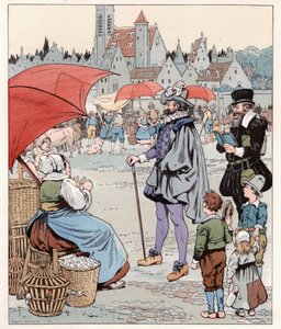 Ich möchte den Preis eines Liards wissen. König von Frankreich HENRI IV (1553-1610) auf einem Marsch. Illustration von Job (Jacques Marie Gaston Onfray und Breville) für das Buch „Les grands mots historiques du pays de France“ 1915. Private Sammlung von pseudonym for Onfray de Breville Jacques Job