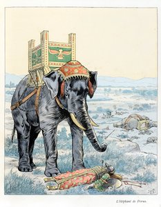 Illustration aus dem Buch „A la gloire des betes“ Text von A Fabre, Zeichnungen von Jacques Marie Gaston Onfray de Breville dit JOB, Verlag Maison Alfred Mame et fils: Der Elefant von Porus (In der Schlacht von Hydaspe im Jahr 328 v. Chr. wurde Porus besie