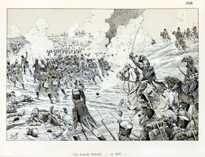 Illustration aus dem Buch „La Grande Guerre par les artistes“: Eine große Schlacht im Jahr 1815 von Jacques Marie Gaston Onfray de Breville dit JOB, Sammlung Teilweise von pseudonym for Onfray de Breville Jacques Job