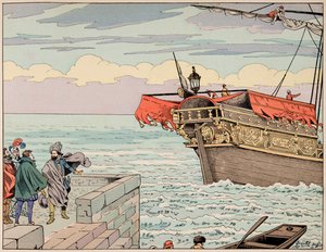 Illustration aus dem Buch „Le bon roy Henri“, illustriert von Jacques Marie Gaston Onfray de Breville dit JOB (1858-1931): Henri IV lehnt den Rat ab, nach England zu fliehen - Private Sammlung von pseudonym for Onfray de Breville Jacques Job