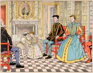 Illustration aus dem Buch „Le bon roy Henri“, illustriert von Jacques Marie Gaston Onfray de Breville dit JOB (1858-1931): Antoine de Bourbon brachte ihn nach Paris und stellte ihn seinem Cousin Henri II vor, der ihm die Hand seiner Tochter Marguerite anbo von pseudonym for Onfray de Breville Jacques Job