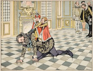Illustration aus dem Buch „Le bon roy Henri“, illustriert von Jacques Marie Gaston Onfray de Breville dit JOB (1858-1931): Vor dem spanischen Botschafter spielt Henri IV mit seinen Kindern - Private Sammlung von pseudonym for Onfray de Breville Jacques Job