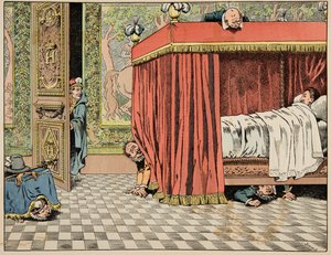 Illustration aus dem Buch „Der gute König Heinrich“, illustriert von Jacques Marie Gaston Onfray de Breville, genannt JOB (1858-1931): Heinrich IV. lebt in Paris unter den Augen von Spionen - Private Sammlung