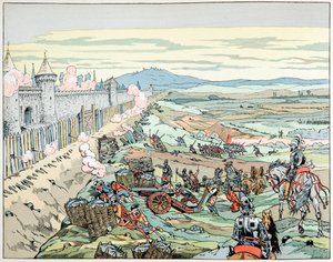Illustration aus dem Buch „Le bon roy Henri“, illustriert von Job: Heinrich IV. stürmt das Vorstadtgebiet von Paris im Jahr 1590 von pseudonym for Onfray de Breville Jacques Job