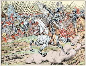 Illustration aus dem Buch „Le bon roy Henri“, illustriert von Jacques Marie Gaston Onfray de Breville dit JOB (1858-1931): Henri IV vor seiner Armee: Folge meiner weißen Feder - Private Sammlung