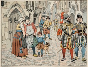 Illustration aus dem Buch „Le bon roy Henri“, illustriert von Jacques Marie Gaston Onfray de Breville dit JOB (1858-1931): Pariser sehen mit einem schlechten Auge die ausländischen Truppen, die ihnen zu Hilfe kommen - Private Sammlung von pseudonym for Onfray de Breville Jacques Job