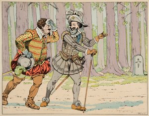 Illustration aus dem Buch „Le bon roy Henri“, illustriert von Jacques Marie Gaston Onfray de Breville dit JOB (1858-1931): Henri IV gewährt Charles de Lorraine (1554-1611) Herzog von Mayenne seine Vergebung, nachdem er ihn zu einer kleinen Übung gezwungen 