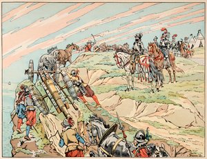 Illustration aus dem Buch „Le bon roy Henri“, illustriert von Jacques Marie Gaston Onfray de Breville dit JOB (1858-1931): Henri IV im Krieg errichtete sein Lager in der Nähe von Dieppe mit seiner Artillerie - Private Sammlung von pseudonym for Onfray de Breville Jacques Job