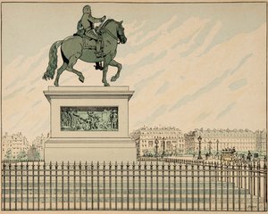 Illustration aus dem Buch „Le bon roy Henri“, illustriert von Jacques Marie Gaston Onfray de Breville dit JOB (1858-1931): Statue errichtet zum Gedenken an Heinrich IV. - Privatsammlung
