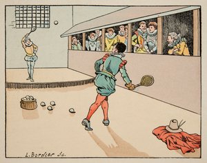 Illustration aus dem Buch „Le bon roy Henri“, illustriert von Jacques Marie Gaston Onfray de Breville dit JOB (1858-1931): Bildung im 16. Jahrhundert: Palmspiel - Private Sammlung