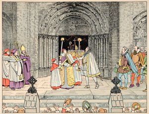 Illustration aus dem Buch „Le bon roy Henri“, illustriert von Jacques Marie Gaston Onfray de Breville dit JOB (1858-1931): Henri IV, Basilika Saint Denis, schwört seiner Religion ab und konvertiert von pseudonym for Onfray de Breville Jacques Job