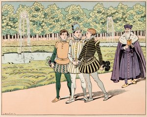 Illustration aus dem Buch „Le bon roy Henri“, illustriert von Jacques Marie Gaston Onfray de Breville dit JOB (1858-1931): Henri IV wurde mit M de Segur und M de La Rochefoucauld befreundet - Private Sammlung