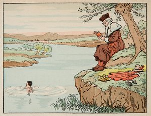 Illustration aus dem Buch „Le bon roy Henri“, illustriert von Jacques Marie Gaston Onfray de Breville dit JOB (1858-1931): Erziehung im 16. Jahrhundert: Schwimmen - Privatsammlung von pseudonym for Onfray de Breville Jacques Job