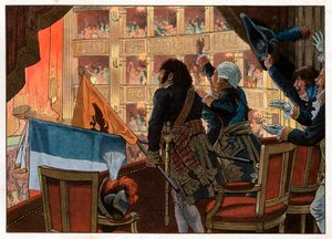 In Florenz, im Theatersaal, vereinen Joachim Murat (1767-1815) und ein russischer Botschafter ihre Flaggen mit größter Freude der Anwesenden. Gravur von Jacques Marie Gaston Onfray de Breville, genannt Job von pseudonym for Onfray de Breville Jacques Job