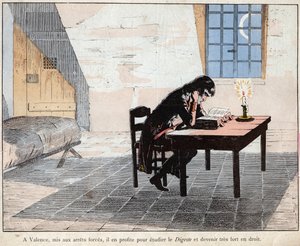 In Valencia (Gefängnis) nutzt Napoleon die Gelegenheit, das Digest zu studieren und sich im Recht zu stärken - Lithographie von Job (Jacques Onfroy de Breville) aus Le Grand Napoleon des Petites Enfants von pseudonym for Onfray de Breville Jacques Job