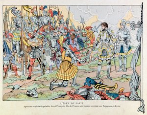 Illustration aus dem Buch „Les épées de France“: König Franz I. übergibt sein Schwert nach der Niederlage von Pavia am 24. Februar den Spaniern von pseudonym for Onfray de Breville Jacques Job