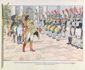 Illustration aus dem Buch „Les épées de France“: Joachim Murat im Escorial nimmt das Schwert zurück, das Franz I. den Spaniern in der Schlacht von Pavia 1525 übergeben musste von pseudonym for Onfray de Breville Jacques Job