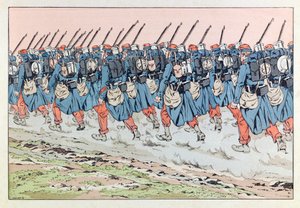 Jacques Marie Gaston Onfray de Breville genannt JOB (1858 - 1931); Illustration aus dem Buch „Les épées de France“: Les poilus de 14 en route pour le front