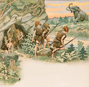 Während der Vorgeschichte schützen Höhlenmenschen ihre Familien vor einem Mammutangriff von pseudonym for Onfray de Breville Jacques Job