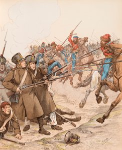 Französische Militärs während der Napoleonischen Feldzüge, genannt Marie Louise, 1815 im Kampf gegen die Kosaken, Privatsammlung