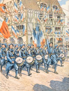 Französisches Militär siegreich in einem Dorf im Elsass während des Ersten Weltkriegs