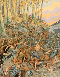 Jacques Marie Gaston Onfroy de Breville dit JOB (1858-1931) - Geschichte Belgiens: Schlacht von Aduatuca, im Geer-Tal im Jahr 54 v. Chr., die Eburonen (Belgier) massakrierten die römischen Legionen von Caesar während des Gallischen Krieges, Private Sammlun von pseudonym for Onfray de Breville Jacques Job