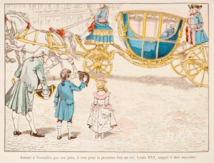 Napoleon Bonaparte wird von seinem Vater nach Versailles gebracht und sieht König Ludwig XVI. zum ersten Mal im Jahr 1770, Private Sammlung von pseudonym for Onfray de Breville Jacques Job