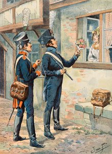 Illustration: Uniformen der französischen Truppen zu allen Zeiten - Musiker der leichten Infanterie unter dem Ersten Kaiserreich von pseudonym for Onfray de Breville Jacques Job