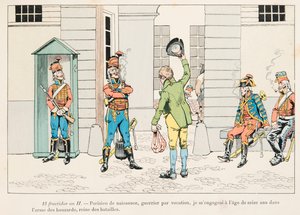 Outfit der französischen Truppen zu allen Zeiten: Junger Mann bei den Husaren während der Französischen Revolution von pseudonym for Onfray de Breville Jacques Job