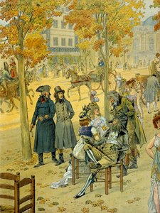Jean Andoche Junot (Jean-Andoche) (1771-1813) und Napoleon I. Bonaparte (1769-1821) spazieren entlang des Boulevard de Coblenz (Boulevard de Gent) in Paris vor dem Unglaublichen. Illustration von Jacques Marie Gaston Onfray de Breville, genannt JOB (1858-1