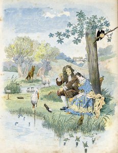 Jean de La Fontaine (1621-1695) spricht mit einem jungen Mädchen. Um sie herum sind Tiere aus den Fabeln des Dichters: Wolf, Lamm, Storch, Schildkröte, Ratte, Frosch, Hase, Fuchs, Rabe... in „Frankreich, seine Geschichte erzählt von G. Montorgueil, illustr von pseudonym for Onfray de Breville Jacques Job