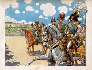 Joachim Murat (1767-1815) begleitete Napoleon I. Bonaparte (1869-1921) und Alexander I., Kaiser von Russland (1777-1825) während der Truppeninspektion beim Tilsiter Vertrag am 7. Juli 1807. Gravur von Jacques Marie Gaston Onfray de Breville dit Job (1858-1 von pseudonym for Onfray de Breville Jacques Job