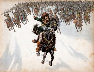 Joachim Murat (1767-1815) an der Spitze der Kavallerie in der Schlacht bei Eylau am 8. Februar