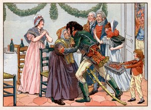 Joachim Murat (1767-1815) küsst seine Mutter im Familiengasthaus. Gravur von Jacques Marie Gaston Onfray de Breville, genannt Job