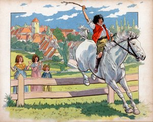 Joachim Murat als Kind auf einem Pferd, das über Hecken springt. Gravur von Jacques Marie Gaston Onfray de Breville, genannt Job