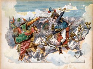 Joachim Murat (1767-1815) während der Schlacht von Abukir im Jahr 1799, während der Ägyptischen Expedition, ergriff General Mustapha Pascha, nachdem er in den Kiefer geschossen wurde; er wurde nach der Schlacht zum Divisionsgeneral ernannt. Gravur von Jacq