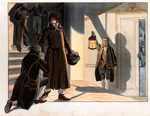 Joachim Murat (1767-1815) floh in der Nacht vom 19. auf den 20. Mai 1815 aus seinem Palast in Neapel, um nach Frankreich zurückzukehren, nachdem er gegen die Österreicher verloren hatte. Gravur von Jacques Marie Gaston Onfray de Breville, genannt Job (1858