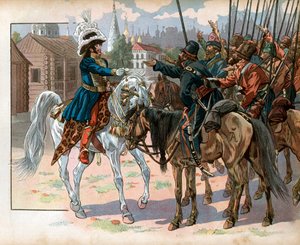 Joachim Murat (1767-1815) in Moskau bietet den Russen eine Uhr an. Gravur von Jacques Marie Gaston Onfray de Breville dit Job (1858-1931) von pseudonym for Onfray de Breville Jacques Job