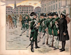 Joachim Murat trat 1787 dem Regiment der Ardennenjäger bei. Gravur von Jacques Marie Gaston Onfray de Breville, genannt Job