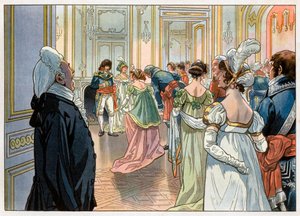 Joachim Murat (1767-1815), damals Gouverneur von Paris, und seine Frau Caroline Bonaparte (1782-1839) empfingen die Gäste bei einer Feier in ihrem Hotel am Place Vendome, Paris. Die Gäste werden von einem Diener angekündigt und verbeugen sich dann vor ihre von pseudonym for Onfray de Breville Jacques Job