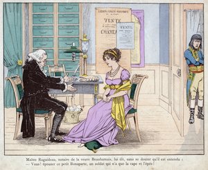 Josephine und der Notar - Maitre Raguideau, Notar der Witwe Beauharnais, sagte zu ihr: Heirate diesen kleinen Bonaparte - Lithographie von Job (Jacques Onfroy de Breville) aus Le Grand Napoleon des Petites Enfants von pseudonym for Onfray de Breville Jacques Job