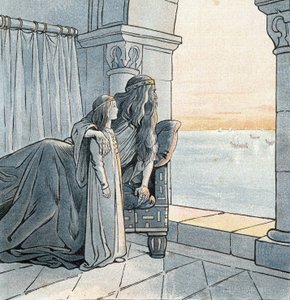 König Karl der Große (742-814) beobachtet die Ankunft der Wikingerschiffe auf der Seine im 9. Jahrhundert. In „Frankreich, seine Geschichte erzählt von G. Montorgueil, illustriert von Job“ 1896. Private Sammlung. von pseudonym for Onfray de Breville Jacques Job