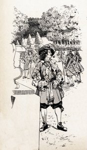 König Ludwig XIV. von Frankreich genannt Sonnenkönig (1638-1715) mit seinen Höflingen in den Gärten von Versailles. Illustration von Job (Jacques Marie Gaston Onfray und Breville) für das Buch 