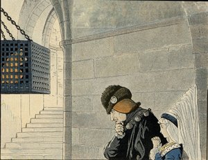König Ludwig XI. (1423-1483) besucht den Gefangenen Jean Balue (1421-1491), der 1469 in einem Eisenkäfig eingesperrt wurde, weil er gegen den König intrigierte. in „France, his story told by G. Montorgueil, imagee by Job“ 1896. Private Sammlung von pseudonym for Onfray de Breville Jacques Job