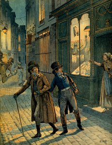 Louis Antoine Fauvelet de Bourrienne und Napoleon I. Bonaparte inkognito in den Straßen von Paris. Illustration von Jacques Marie Gaston Onfray de Breville, genannt JOB von pseudonym for Onfray de Breville Jacques Job