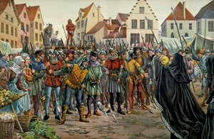 Maria von Burgund (1457-1482), Herzogin von Burgund, forderte 1477 Gnade für ihre Berater. Illustration von Jacques Marie Gaston Onfray de Breville dit JOB (1858-1931) in „Louis XI“