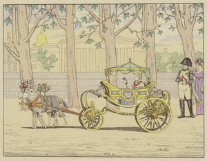 Herrscher der Welt, er ist der glücklichste Vater. Napoleon beobachtet den König von Italien, wie er seine ersten Schritte in einem von Ziegen gezogenen Wagen macht von pseudonym for Onfray de Breville Jacques Job