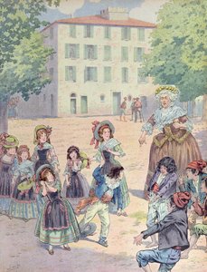 Napoleon Bonaparte (1769-1821) als Kind in einem Streit mit seinen Kameraden vor seinem Haus in Ajaccio, Korsika, um 1910 (Farblithografie)