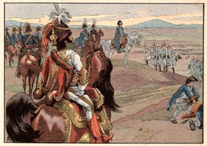 Napoleon I. Bonaparte (1769-1821) mit Joachim Murat (1767-1815) während der Kapitulation von Ulm im Jahr 1805. Gravur von Jacques Marie Gaston Onfray de Breville dit Job (1858-1931) von pseudonym for Onfray de Breville Jacques Job